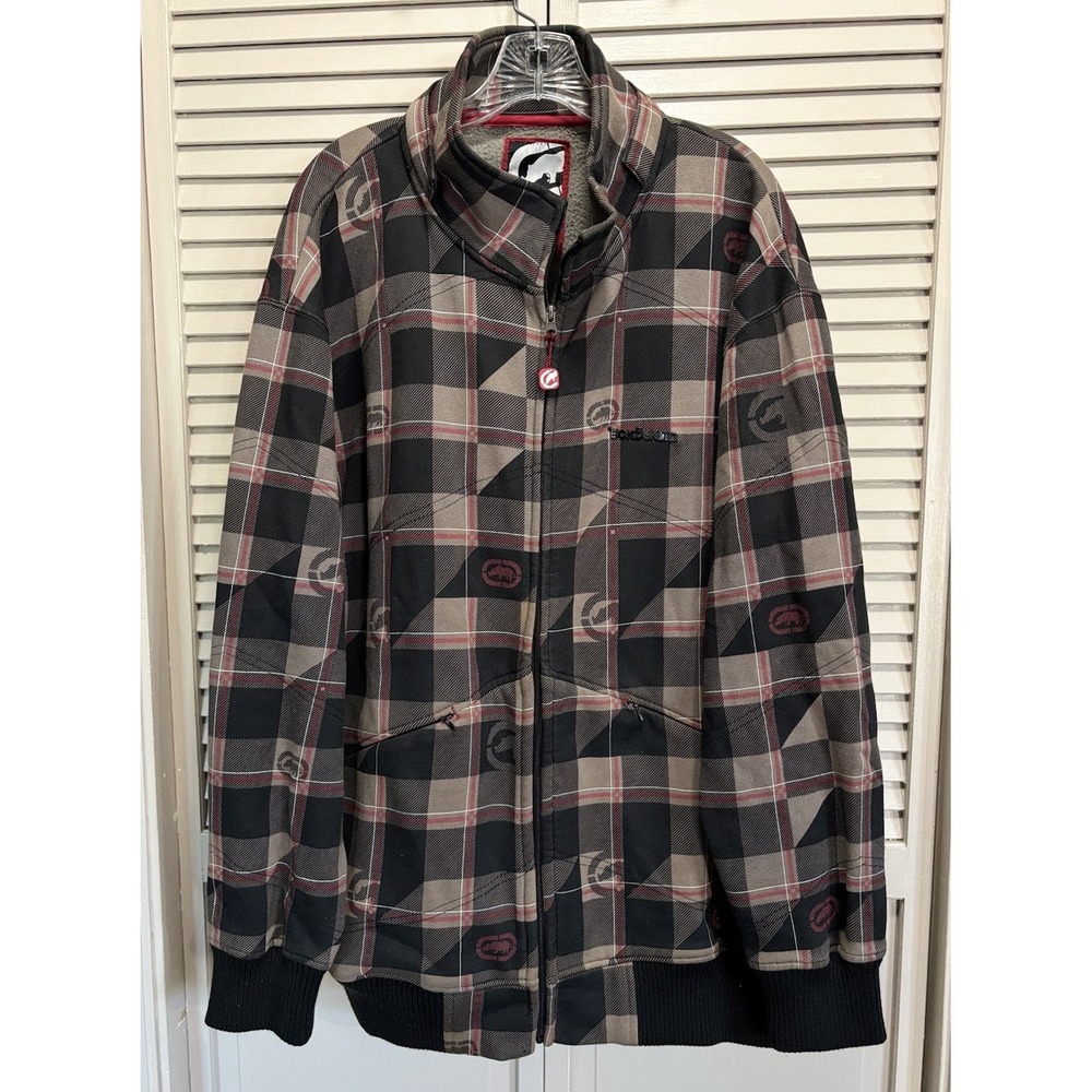 ECKO UNLTD Plaid Zip Up Logo‎ Fleece Lined Jacket Size Large Black/Tan Warm